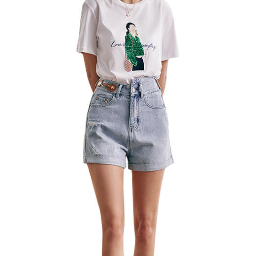 欧芮儿浅蓝色牛仔裤女2021新款夏高腰显瘦不对称磨边薄款直筒短裤 商品图3