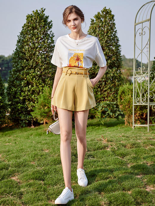 欧芮儿黄色休闲裤女2021新款高腰显瘦气质经典百搭垂坠感短裤 商品图2