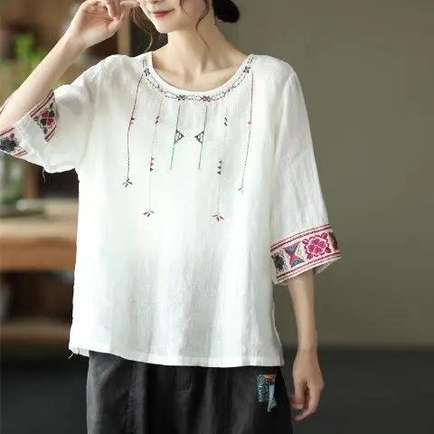 GYH 878民族风棉麻刺绣纯色上衣休闲复古T恤 商品图0