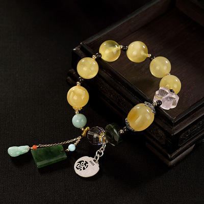 CWSS-14K包金天然蜜蜡粉蝴蝶翡翠手串气质复古原创个性手环 商品图4