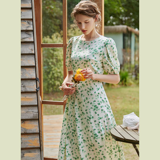 欧芮儿碎花连衣裙女新款2021收腰显瘦气质小清新减龄绿色裙子 商品图1