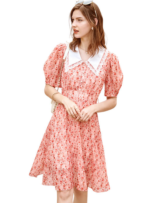 欧芮儿绣花连衣裙2021新款夏收腰显瘦泡泡袖蕾丝花边气质垂坠感裙 商品图3