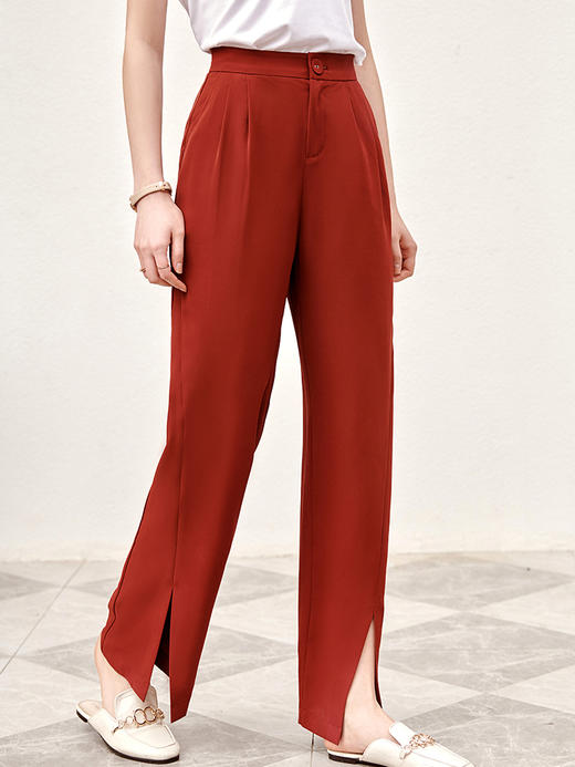 欧芮儿红色休闲裤女夏2021新款高腰显瘦气质优雅时髦开衩拖地长裤 商品图0