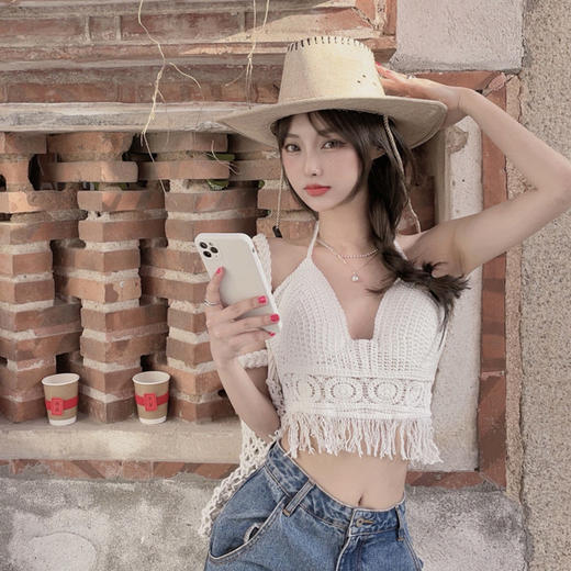 【超仙！美背流苏上衣】女性感镂空吊带，自带胸垫巨方便，超美比基尼针织背心，怎么穿都好看，海边度假复古挂脖~ 商品图2