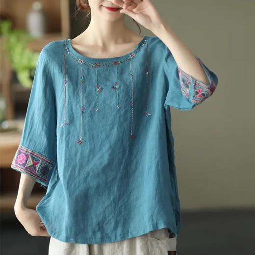 GYH 878民族风棉麻刺绣纯色上衣休闲复古T恤 商品图1