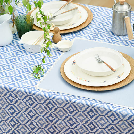 经典菱形格纹桌布茶几餐桌亚麻桌布 商品图3