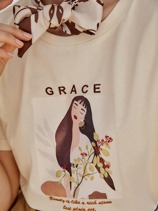 欧芮儿短袖印花t恤女2021新款圆领趣味图案钉珠时髦宽松上衣 商品图2