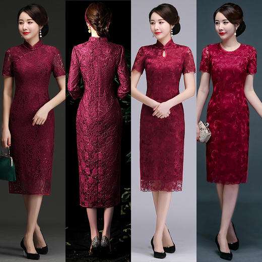 上海旗袍厂NBL-N1929 蕾丝旗袍2021年新款春夏中年妈妈装喜婆婆改良版婚礼服洋气大码女 商品图1
