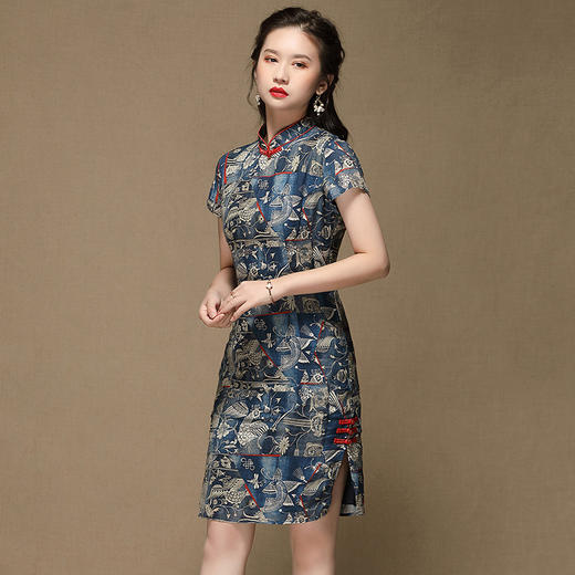 AYK-QF-200503青花修身改良时尚苎麻中款旗袍女春夏女装旗袍复古国风短袖连衣裙 商品图2