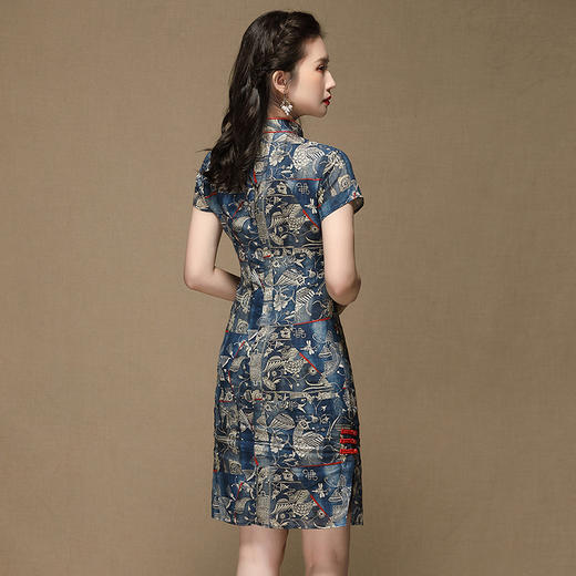 AYK-QF-200503青花修身改良时尚苎麻中款旗袍女春夏女装旗袍复古国风短袖连衣裙 商品图3