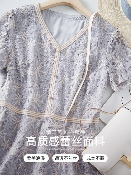 【熙世界】夏装新款优雅气质蕾丝V领短袖连衣裙子女收腰显瘦藏肉 商品图2
