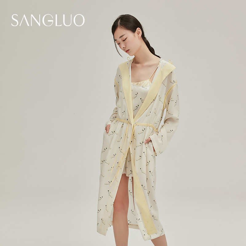 运动拳击风∣真丝连帽睡袍长款女SANGLUO香蕉艺术桑蚕丝家居外套