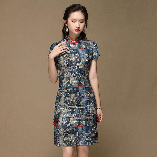 AYK-QF-200503青花修身改良时尚苎麻中款旗袍女春夏女装旗袍复古国风短袖连衣裙 商品图1