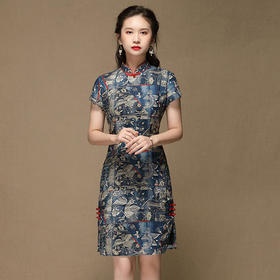 AYK-QF-200503青花修身改良时尚苎麻中款旗袍女春夏女装旗袍复古国风短袖连衣裙