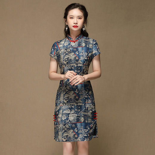 AYK-QF-200503青花修身改良时尚苎麻中款旗袍女春夏女装旗袍复古国风短袖连衣裙 商品图0