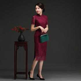 上海旗袍厂NBL-N1929 蕾丝旗袍2021年新款春夏中年妈妈装喜婆婆改良版婚礼服洋气大码女