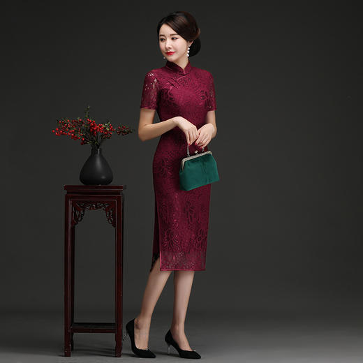 上海旗袍厂NBL-N1929 蕾丝旗袍2021年新款春夏中年妈妈装喜婆婆改良版婚礼服洋气大码女 商品图0