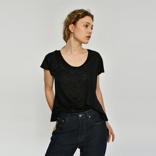 【特价清仓】女士纯亚麻圆领T恤 商品图3