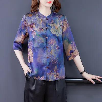 AHM ess5328 复古大气开衫妈妈装丝绸 上衣衬衣 商品图0