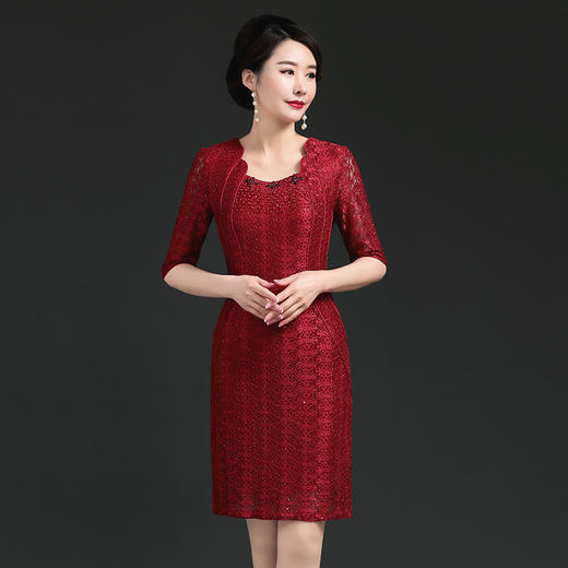 上海旗袍厂NBL-NT21208 低领大码胖mm矮个子旗袍无开叉包臀性感显瘦年轻喜婆婆婚宴装钉珠 商品图0