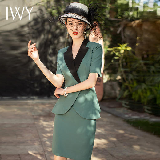 IWY/绿色高端职业套裙收腰显瘦西装短袖女薄款OL时尚气质经理工作服C1305+S1249 商品图0