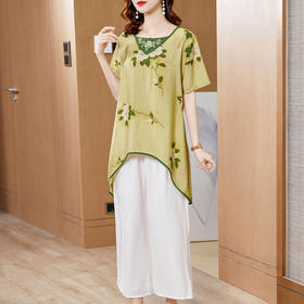 AHM  ktt5802复古印花大码阔腿裤棉麻套装【优】