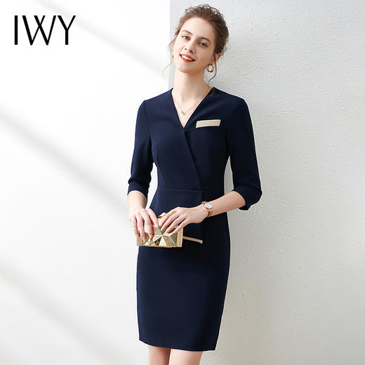 IWY/气质藏青色西装连衣裙七分袖职业装收腰干练商务女装OL
Q528- 商品图1