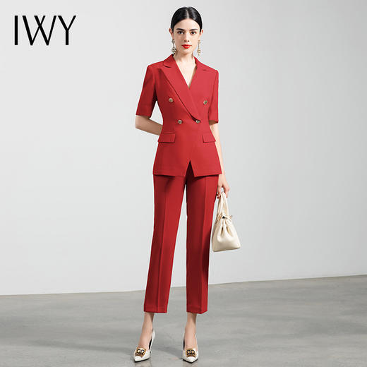 IWY/高端气质时尚短袖西装套裤女红色职业装修身总裁西服正装套装CP11252红 商品图2