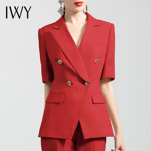 IWY/高端气质时尚短袖西装套裤女红色职业装修身总裁西服正装套装CP11252红 商品图4