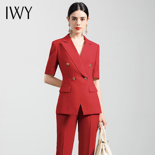 IWY/高端气质时尚短袖西装套裤女红色职业装修身总裁西服正装套装CP11252红 商品图1
