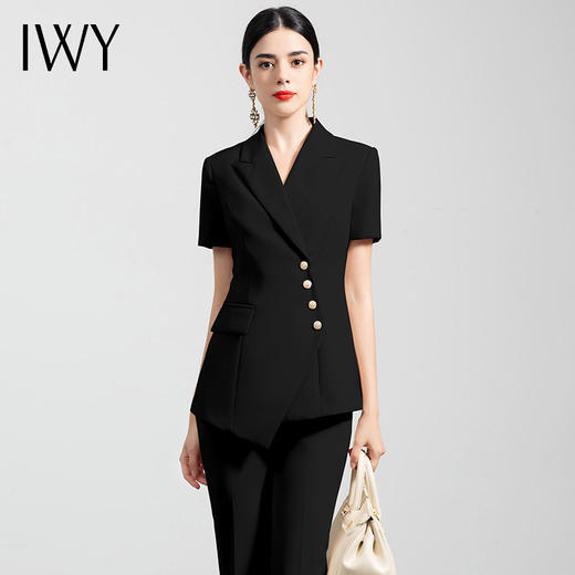 IWY/时尚短袖职业正装女OL气质高端西服套装修身显瘦黑色总裁商务套裤
CP10409B 商品图0