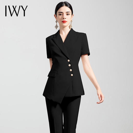IWY/时尚短袖职业正装女OL气质高端西服套装修身显瘦黑色总裁商务套裤
CP10409B 商品图1
