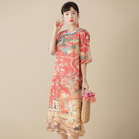 上海旗袍厂AYK-QF-210227印象田园印花时尚改良圆领旗袍裙2021夏季长款宽松复古连衣裙