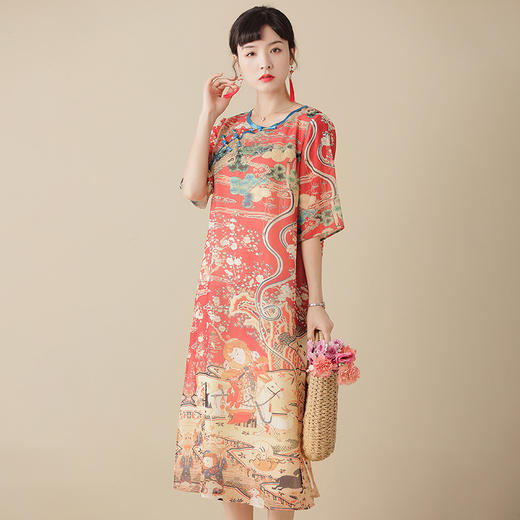 上海旗袍厂AYK-QF-210227印象田园印花时尚改良圆领旗袍裙2021夏季长款宽松复古连衣裙 商品图0
