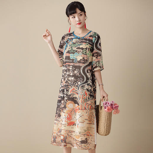 上海旗袍厂AYK-QF-210227印象田园印花时尚改良圆领旗袍裙2021夏季长款宽松复古连衣裙 商品图1