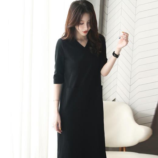 丁摩V领连衣裙中袖打底中长裙696Y-WX045-DC149 商品图1