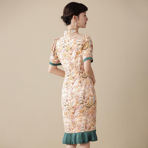上海旗袍厂AYK-QF-210313水波纹立领改良修身旗袍2021夏季时尚长款国风鱼尾拼接连衣裙 商品图3