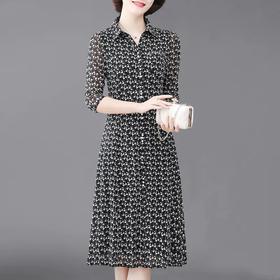 JCG-58548夏装中袖沙袖台湾沙中长款大码显瘦中老年连衣裙
