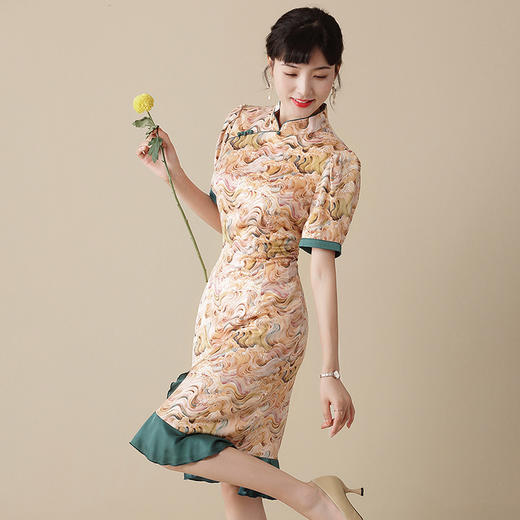 上海旗袍厂AYK-QF-210313水波纹立领改良修身旗袍2021夏季时尚长款国风鱼尾拼接连衣裙 商品图1