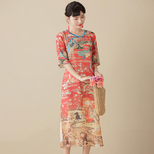 上海旗袍厂AYK-QF-210227印象田园印花时尚改良圆领旗袍裙2021夏季长款宽松复古连衣裙 商品图2