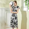 丁摩 夏醋酸缎面连衣裙女法式复古收腰印花中长裙Q121135-DB399 商品缩略图3