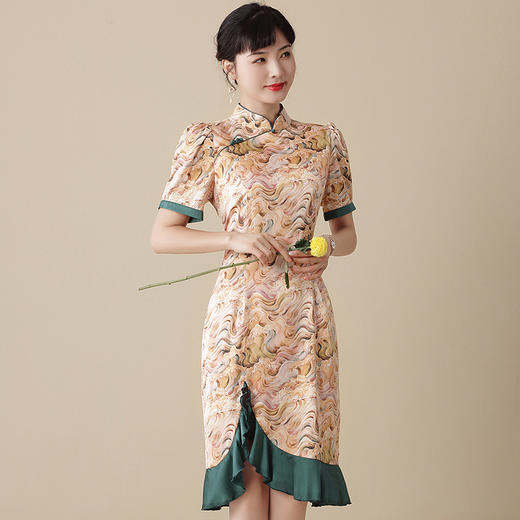 上海旗袍厂AYK-QF-210313水波纹立领改良修身旗袍2021夏季时尚长款国风鱼尾拼接连衣裙 商品图0