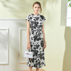 丁摩 夏醋酸缎面连衣裙女法式复古收腰印花中长裙Q121135-DB399