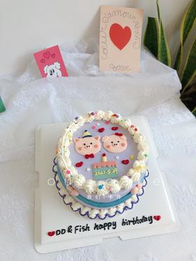 两只小猪复古手绘蛋糕-低糖处理无添加