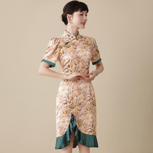 上海旗袍厂AYK-QF-210313水波纹立领改良修身旗袍2021夏季时尚长款国风鱼尾拼接连衣裙 商品图2