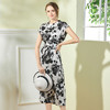 丁摩 夏醋酸缎面连衣裙女法式复古收腰印花中长裙Q121135-DB399 商品缩略图1