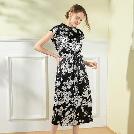 丁摩 夏醋酸缎面连衣裙女法式复古收腰印花中长裙Q121135-DB399 商品图6