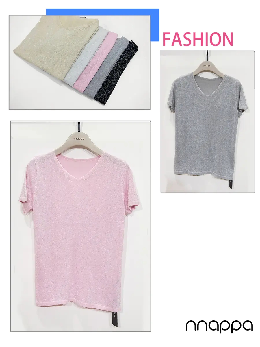 nnappa V领亮丝短袖T恤7174