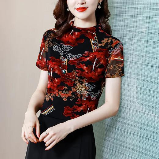 半高领仿真丝短袖T恤女网眼弹力中国风印花上衣 YX5829 商品图5