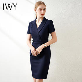IWY/藏青气质西装连衣裙女短袖职业工作服时尚高端售楼部工装裙OLQ11253